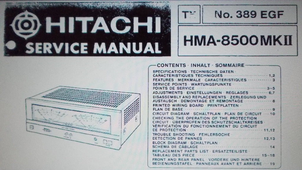 HITACHI HMA-8500MKII STEREO POWER AMP SERVICE MANUAL INC SCHEMS AND PARTS LIST 15 PAGES ENG DEUT FRANC