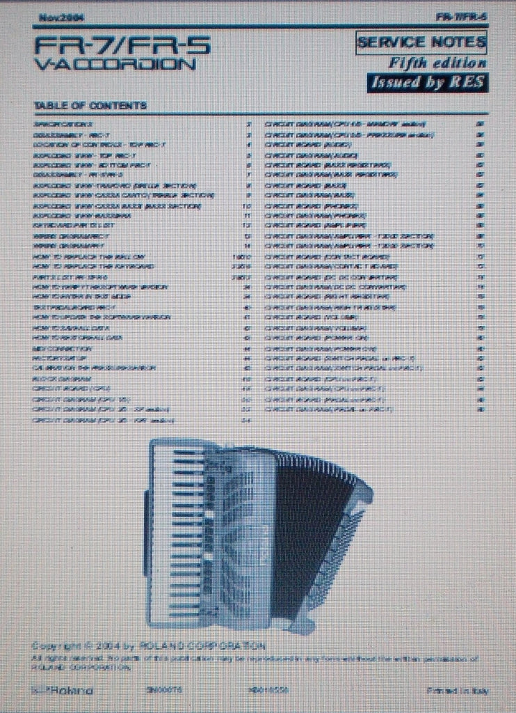 ROLAND FR-7 FR-5 V-ACCORDIAN SERVICE NOTES FIFTH EDITION INC SCHEMS AND PARTS LIST 66 PAGES ENG
