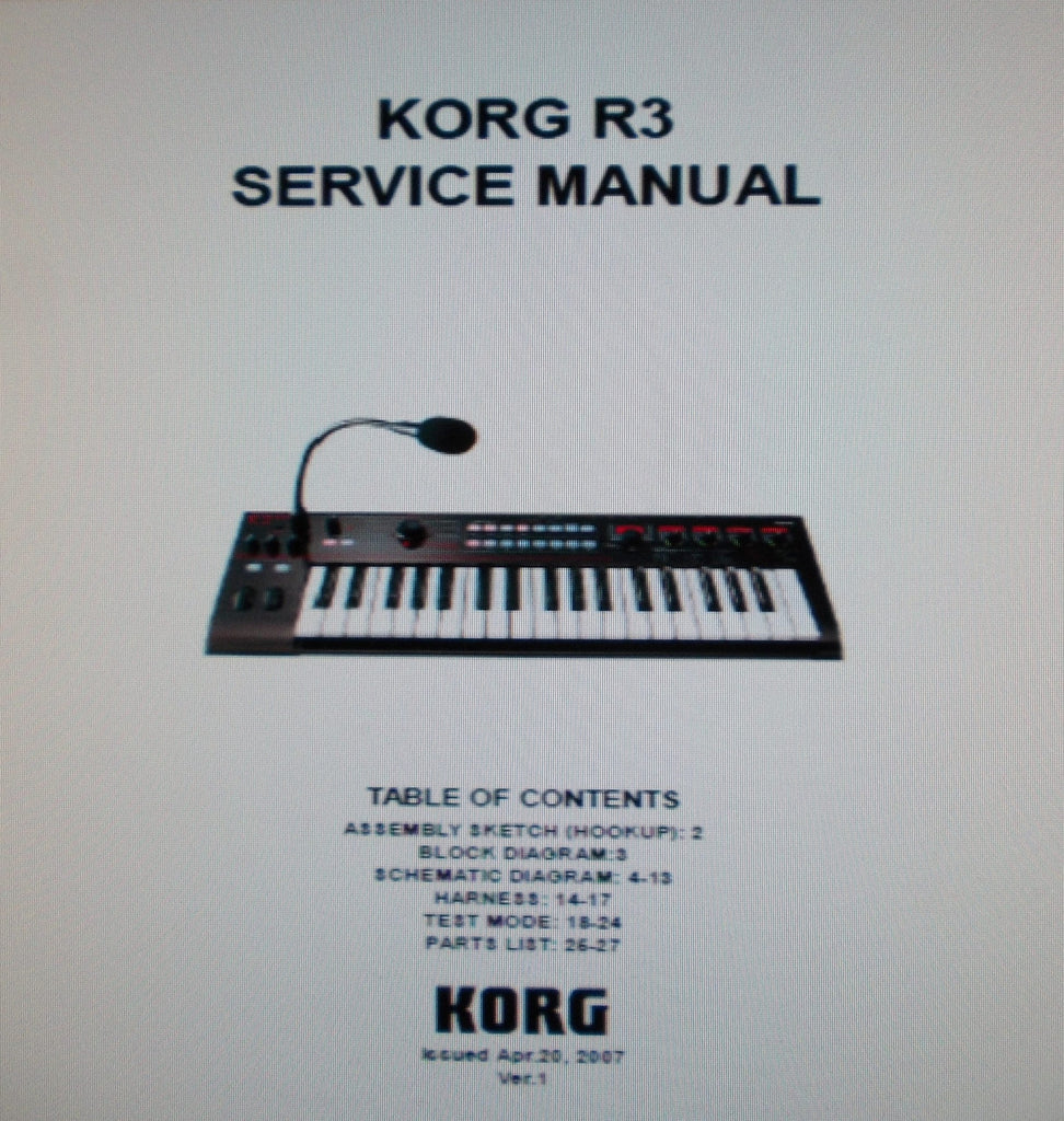 KORG R3 SYNTHESIZER VOCODER SERVICE MANUAL INC BLK DIAG SCHEMS AND PARTS LIST VER. 1 27 PAGES ENG