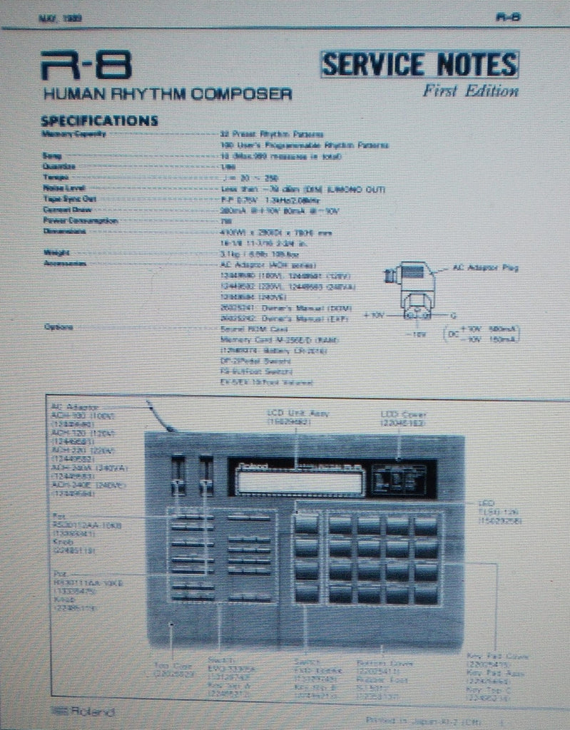 ROLAND R-8 HUMAN RHYTHM COMPOSER SERVICE NOTES FIRST EDITION INC SCHEMS AND PARTS LIST 26 PAGES ENG