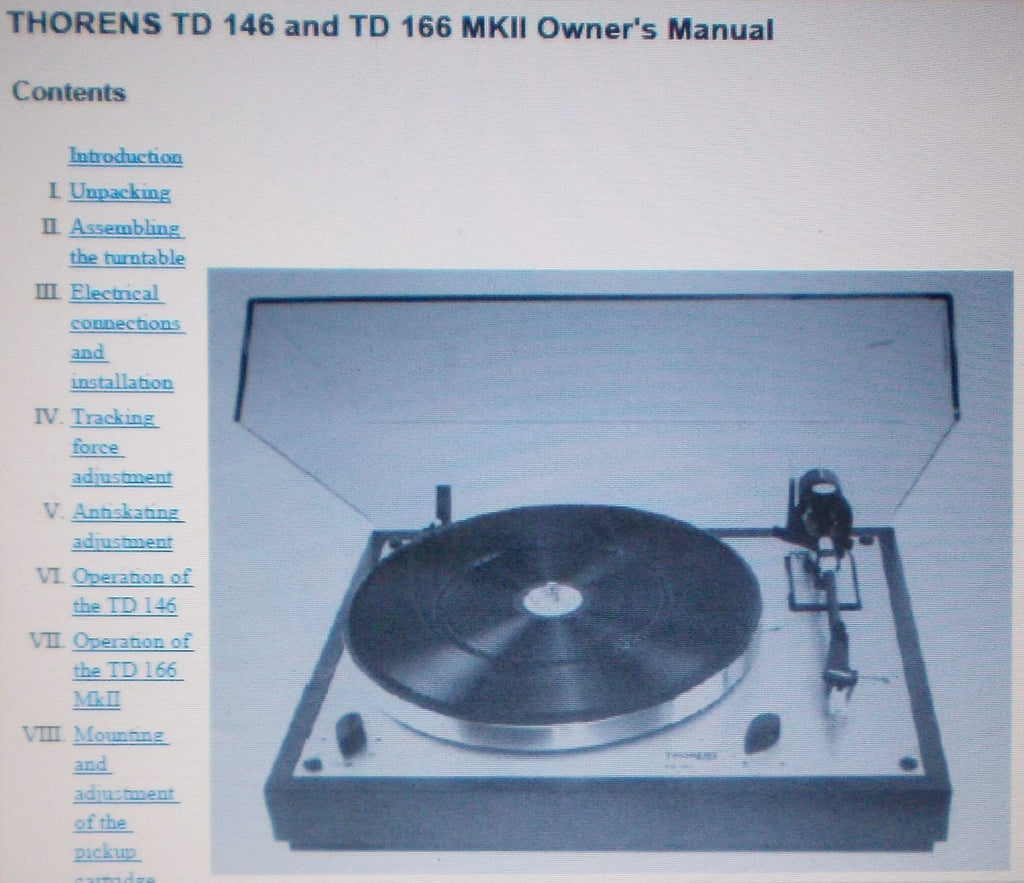 THORENS TD146 TD166MKII TURNTABLE OWNER'S MANUAL 36 PAGES ENG
