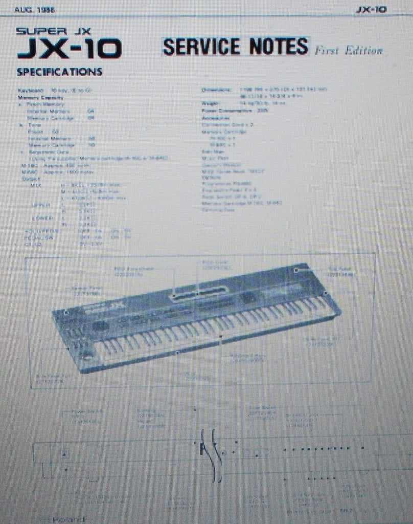 ROLAND JX-10 SUPER JX POLYPHONIC SYNTHESIZER SERVICE NOTES FIRST EDITION INC SCHEMS AND PARTS LIST 16 PAGES ENG