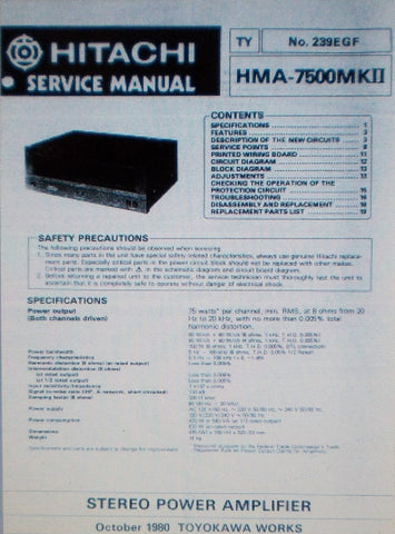 HITACHI HMA-7500MKII STEREO POWER AMP SERVICE MANUAL INC SCHEMS AND PARTS LIST 21 PAGES ENG DEUT FRANC