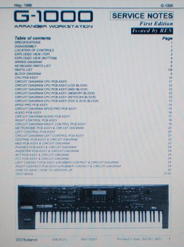 ROLAND G-1000 ARRANGER WORKSTATION SERVICE NOTES FIRST EDITION INC BLK DIAG CIRC DIAGS PCBS AND PARTS LIST 30 PAGES ENG