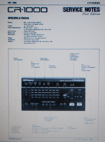 ROLAND CR-1000 DIGITAL DRUMMER RHYTHM MACHINE SERVICE NOTES FIRST EDITION INC SCHEMS AND PARTS LIST 11 PAGES ENG
