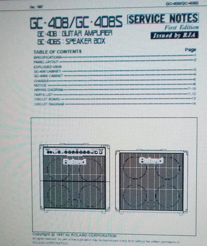 ROLAND GC-408 GUITAR AMP GC-408S SPKR BOX SERVICE NOTES FIRST EDITION INC SCHEMS AND PARTS LIST 14 PAGES ENG