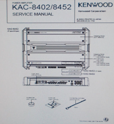 KENWOOD KAC-8402 KAC-8452 POWER AMP SERVICE MANUAL INC SCHEMS BLK DIAG PCBS AND PARTS LIST 18 PAGES ENG