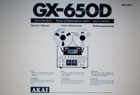 AKAI GX-650D REEL TO REEL STEREO TAPE DECK OPERATOR'S MANUAL INC CONN DIAG 18 PAGES ENG DEUT FRANC