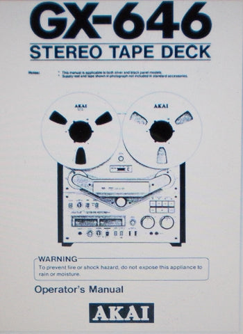 AKAI GX-646 REEL TO REEL STEREO TAPE  DECK OPERATOR'S MANUAL INC CONN DIAG AND TRSHOOT GUIDE 14 PAGES ENG