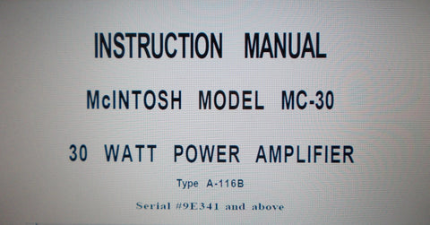 McINTOSH MC-30 30 WATT POWER AMP INSTRUCTION MANUAL INC INSTALL AND SERVICE INFO 4 PAGES ENG