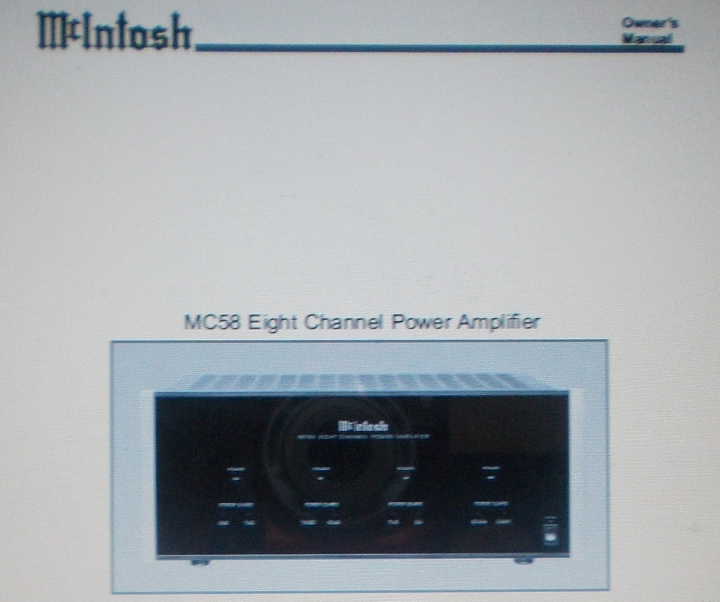 McINTOSH MC58 EIGHT CHANNEL POWER AMP OWNER'S MANUAL INC CONN DIAG 16 PAGES ENG