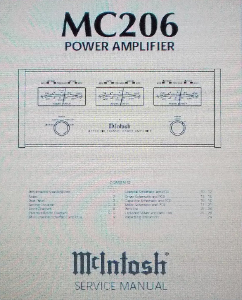 McINTOSH MC206 SIX CHANNEL POWER AMP SERVICE MANUAL INC SCHEMS AND PARTS LIST 14 PAGES ENG