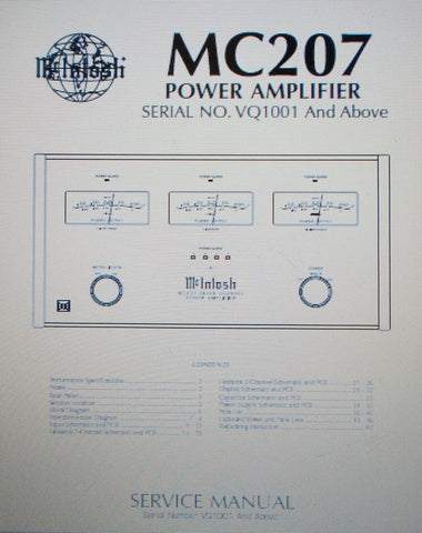 McINTOSH MC207 SEVEN CHANNEL POWER AMP SERVICE MANUAL SERIAL No VQ1001 AND ABOVE INC SCHEMS AND PARTS LIST 47 PAGES ENG