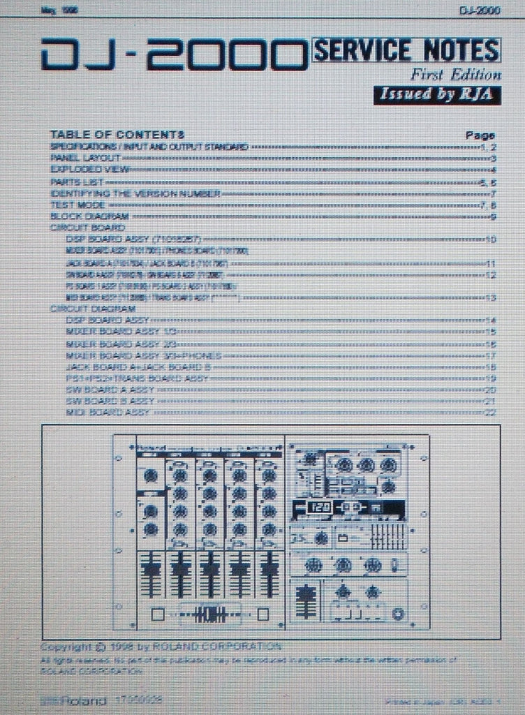 ROLAND DJ-2000 PROFESSIONAL DJ MIXER SERVICE NOTES FIRST EDITION INC SCHEMS AND PARTS LIST 22 PAGES ENG