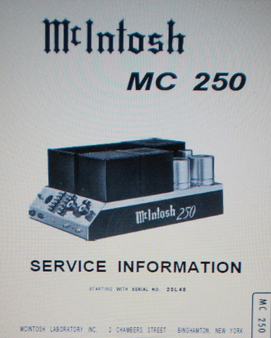 McINTOSH MC250 STEREO SOLID STATE POWER AMP SERVICE INFORMATION INC SCHEMS AND PARTS LIST 9 PAGES ENG
