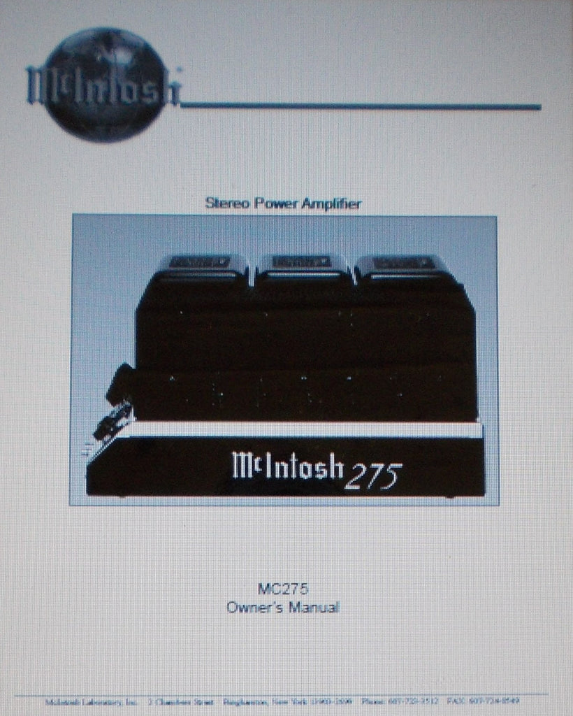 McINTOSH MC275 MK4 STEREO POWER AMP OWNER'S MANUAL INC INSTALL INSTR AND CONN DIAGS 16 PAGES ENG