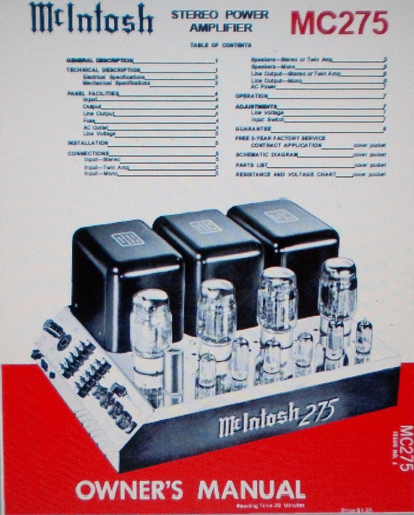 McINTOSH MC275 STEREO POWER AMP OWNER'S MANUAL INC INSTALL INSTR AND CONN INSTR 12 PAGES ENG
