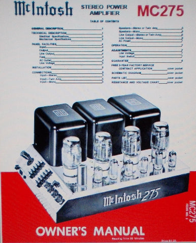McINTOSH MC275 STEREO POWER AMP OWNER'S MANUAL INC INSTALL INSTR AND CONN INSTR 12 PAGES ENG