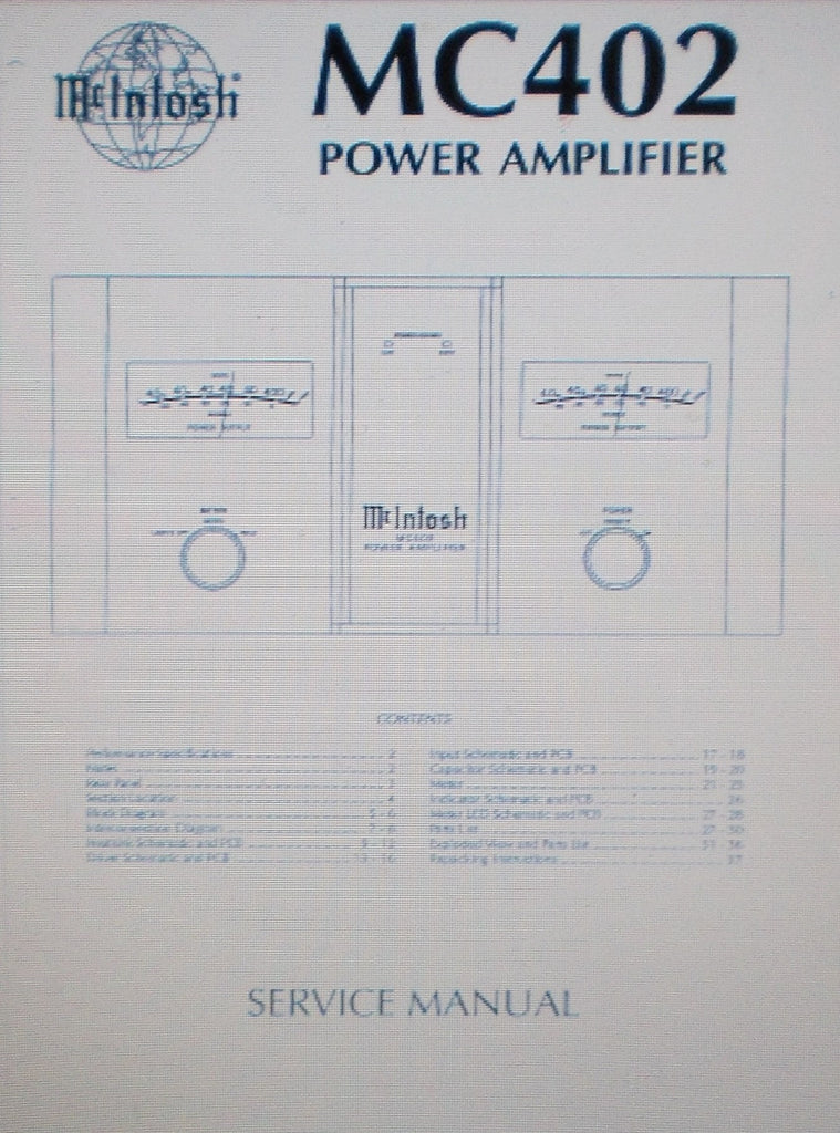 McINTOSH MC402 STEREO POWER AMP SERVICE MANUAL INC SCHEMS AND PARTS LIST 38 PAGES ENG