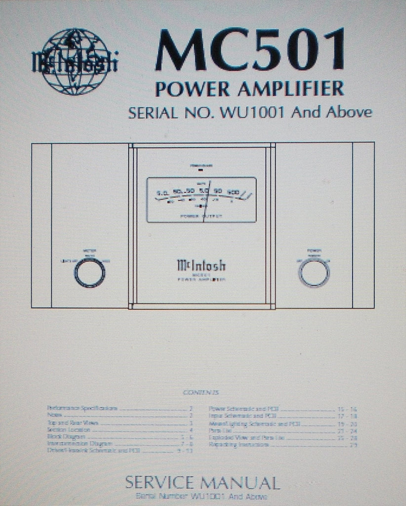 McINTOSH MC501 POWER AMP SERVICE MANUAL SERIAL No WU1001 AND ABOVE INC SCHEMS AND PARTS LIST 18 PAGES ENG