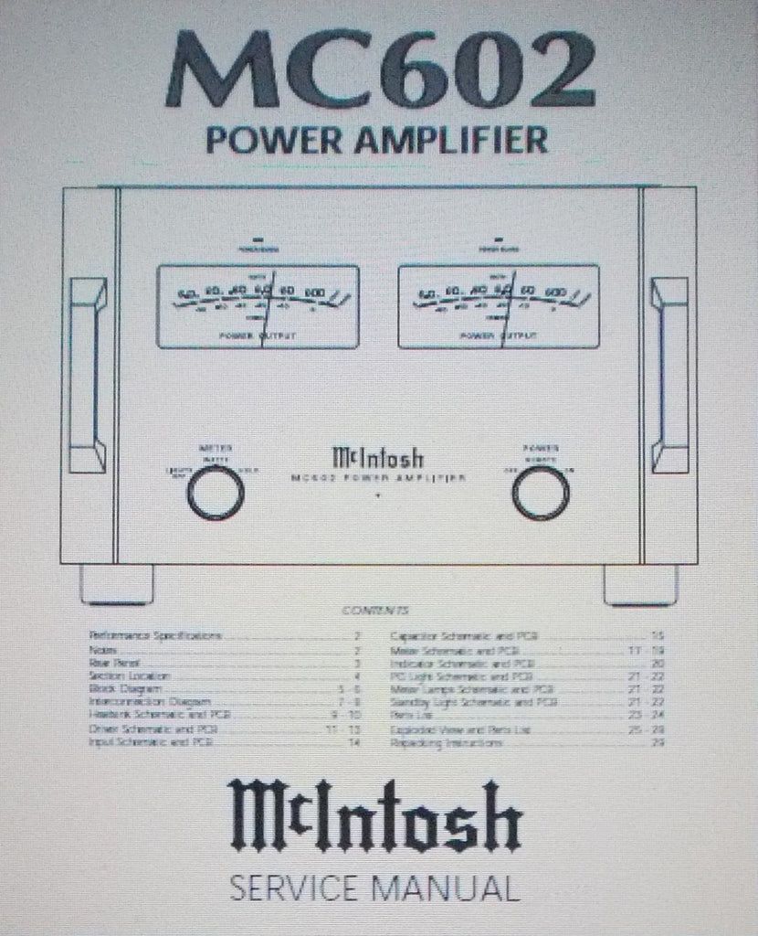 McINTOSH MC602 STEREO POWER AMP SERVICE MANUAL INC SCHEMS AND PARTS LIST 18 PAGES ENG