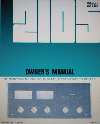 McINTOSH MC2105 SOLID STATE STEREO POWER AMP OWNER'S MANUAL INC CONN DIAG AND BLK DIAG 16 PAGES ENG