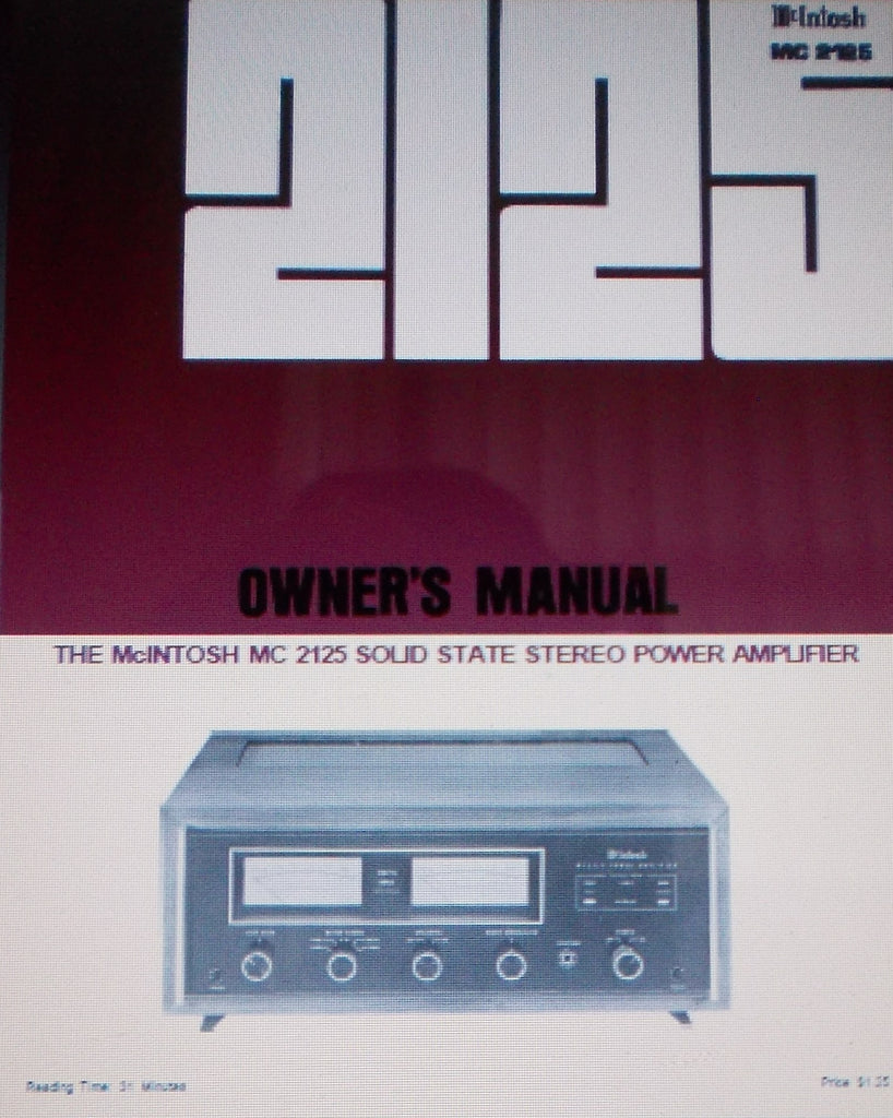 McINTOSH MC2125 SOLID STATE STEREO POWER AMP OWNER'S MANUAL INC CONN DIAGS AND BLK DIAG 18 PAGES ENG