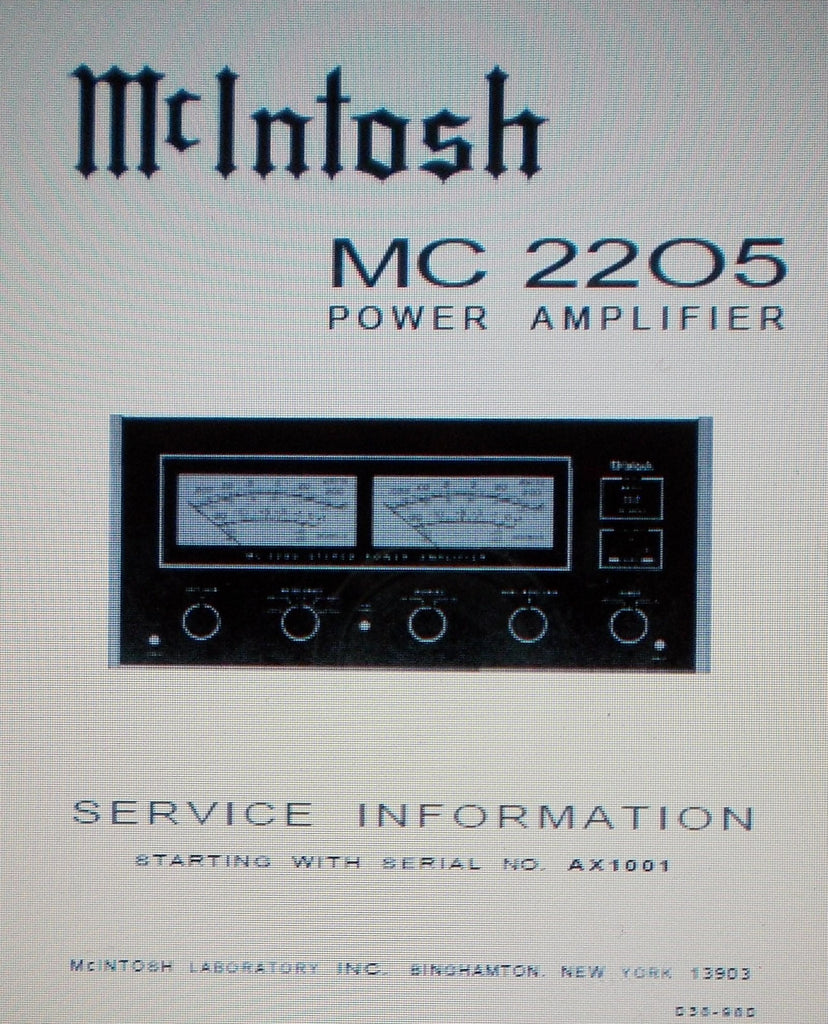 McINTOSH MC2205 SOLID STATE STEREO POWER AMP SERVICE INFORMATION INC SCHEMS AND PARTS LIST 20 PAGES ENG