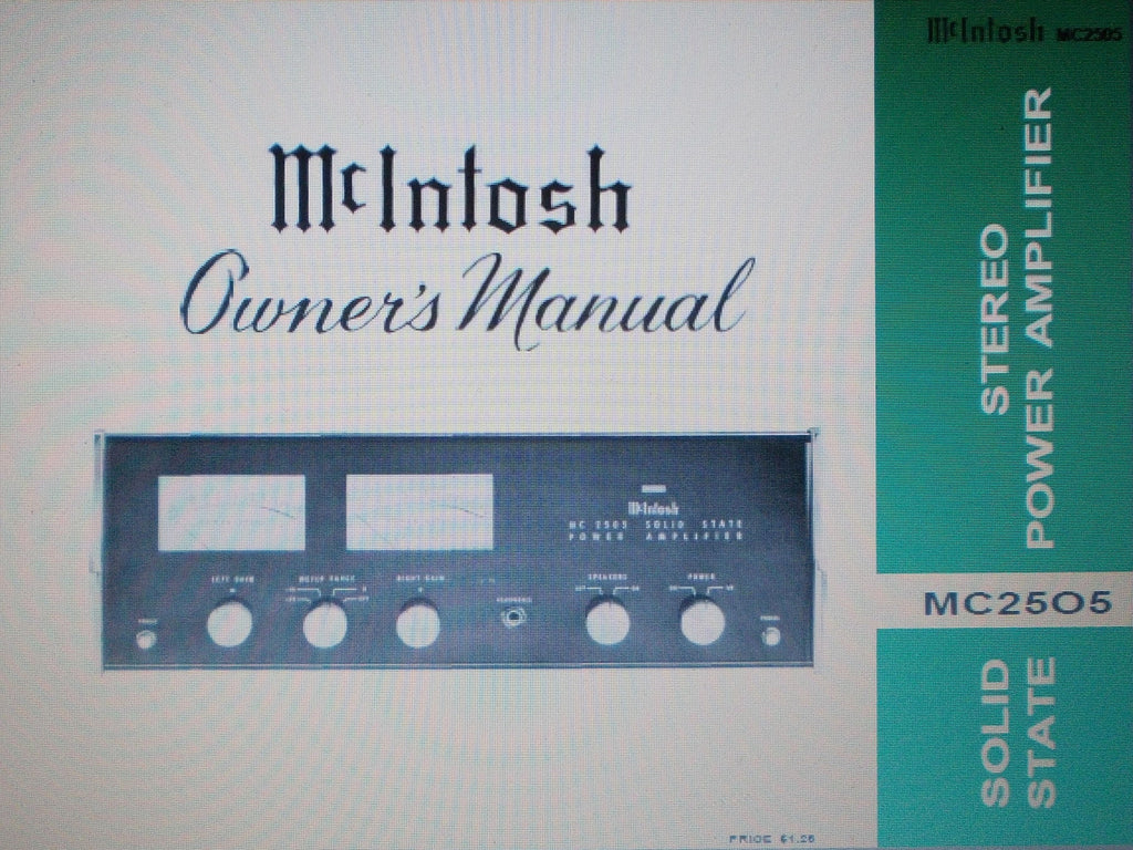 McINTOSH MC2505 SOLID STATE STEREO POWER AMP OWNER'S MANUAL INC CONN DIAG AND BLK DIAG 20 PAGES ENG