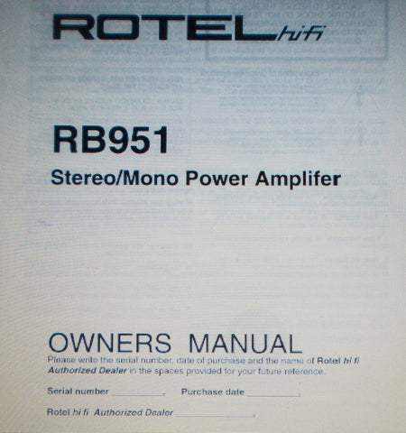 ROTEL RB-951 STEREO MONO POWER AMP OWNER'S MANUAL 7 PAGES ENG