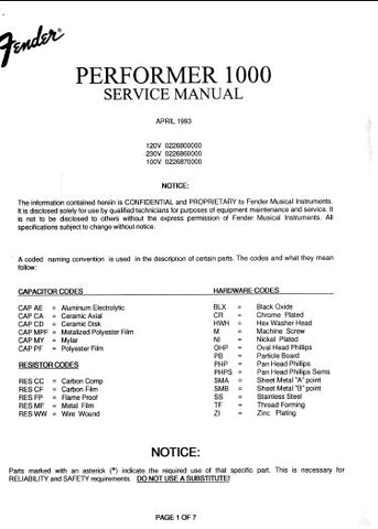 FENDER PERFORMER 1000 GUITAR AMPLIFIER SERVICE MANUAL INC PCB SCHEM DIAG AND PARTS LIST 16 PAGES ENG