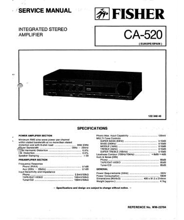 FISHER CA-520 INTEGRATED STEREO AMPLIFIER SERVICE MANUAL INC PCBS SCHEM DIAGS AND PARTS LIST 14 PAGES ENG
