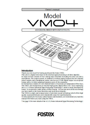 FOSTEX VM04 4 CHANNEL DIGITAL MIXER WITH DSP EFFECTS MIXER OWNER'S MANUAL 27 PAGES ENG