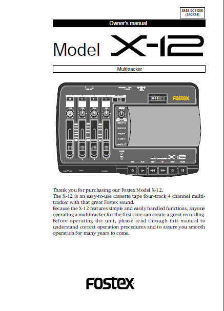 FOSTEX X-12 MULTITRACKER OWNER'S MANUAL INC BLK DIAG 20 PAGES ENG