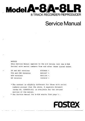 FOSTEX A-8 A-8LR 8 TRACK RECORDER REPRODUCER SERVICE MANUAL INC PCBS SCHEM DIAGS AND PARTS LIST 95 PAGES ENG