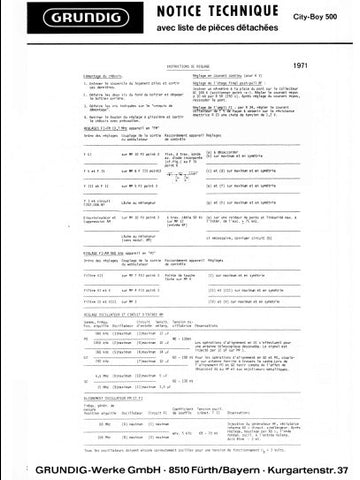 GRUNDIG CITY BOY 500 NOTICE TECHNIQUE INSTRUCTIONS DE REGLAGE INC PCBS AND SCHEM DIAG 5 PAGES FRANC