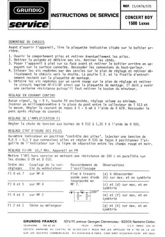GRUNDIG CONCERT BOY 1500 LUXUS RADIO INSTRUCTIONS DE SERVICE INC PCBS AND SCHEM DIAG 5 PAGES FRANC