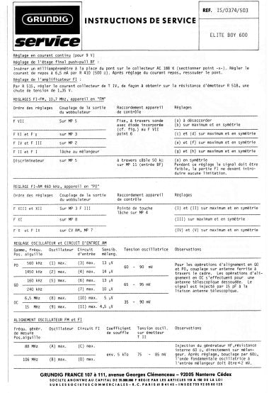 GRUNDIG ELITE BOY 600 RADIO INSTRUCTIONS DE SERVICE INC PCBS AND SCHEM DIAG 5 PAGES FRANC