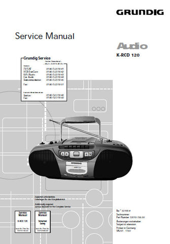 GRUNDIG K-RCD 120 PORTABLE CD PLAYER SERVICE MANUAL INC PCBS SCHEM DIAGS AND PARTS LIST 20 PAGES ENG DEUT