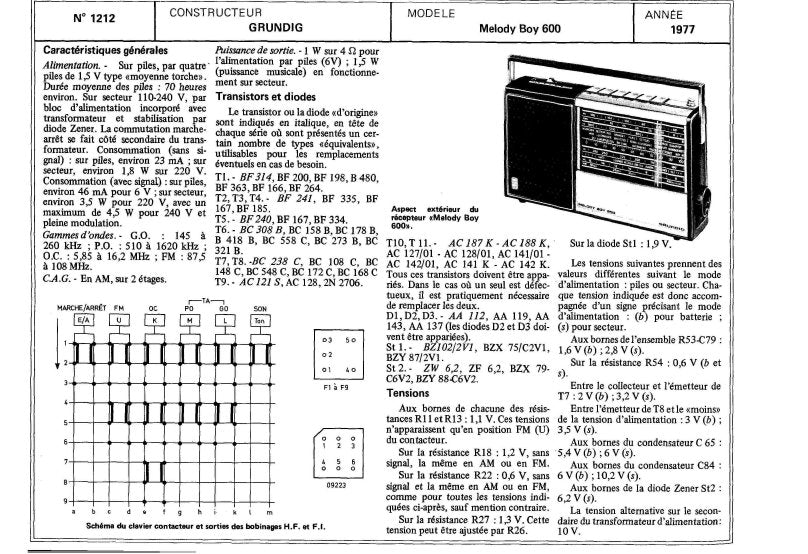 GRUNDIG MELODY BOY 600 INSTRUCTIONS DE SERVICE INC PCBS AND SCHEM DIAG 6 PAGES FRANC