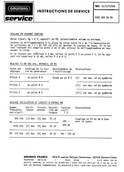 GRUNDIG MINI BOY 50 INSTRUCTIONS DE SERVICE INC PCB AND SCHEM DIAG 3 PAGES FRANC