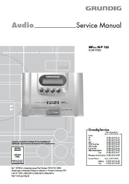 GRUNDIG MPaxxM-P100 MP3 PLAYER SERVICE MANUAL INC PCBS SCHEM DIAGS AND PARTS LIST 12 PAGES ENG DEUT