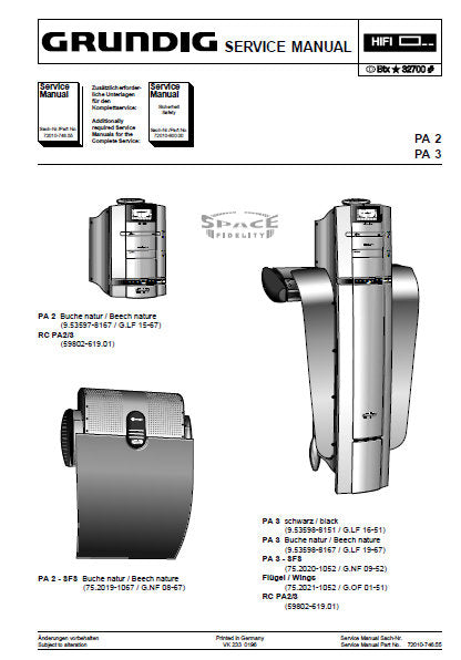 GRUNDIG PA-2 PA-3 HIFI SYSTEM SERVICE MANUAL INC BLK DIAGS PCBS SCHEM DIAGS AND PARTS LIST 98 PAGES ENG DEUT