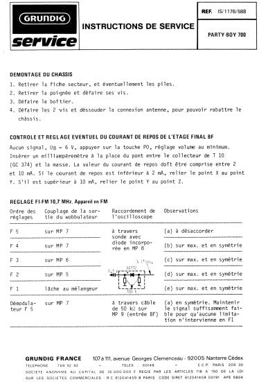 GRUNDIG PARTY BOY 700 RADIO INSTRUCTIONS DE SERVICE INC PCBS AND SCHEM DIAG 5 PAGES FRANC