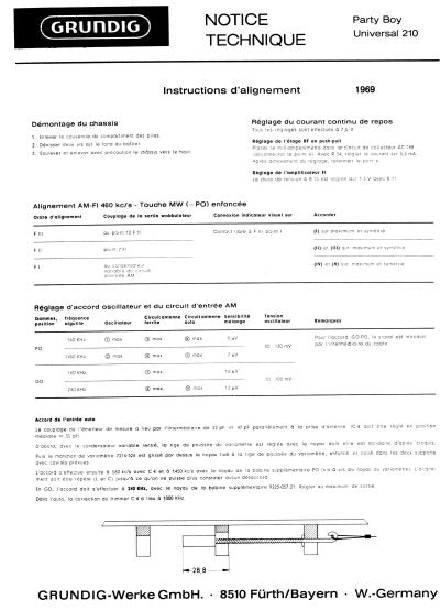 GRUNDIG PARTY BOY UNIVERSAL 210 RADIO NOTICE TECHNIQUE INC PCBS AND SCHEM DIAG 3 PAGES FRANC