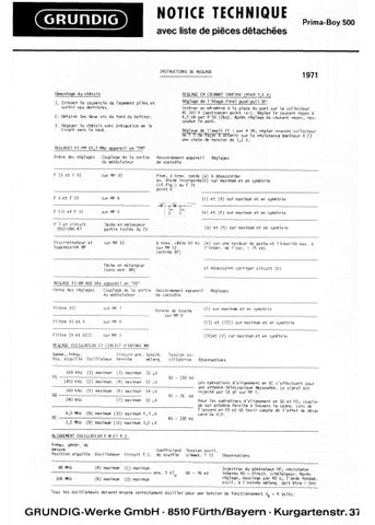 GRUNDIG PRIMA BOY 500 RADIO NOTICE TECHNIQUE AVEC LISTE DE PIECES DETACHEES INSTRUCTIONS DE REGLAGE INC PCBS AND SCHEM DIAG 4 PAGES FRANC