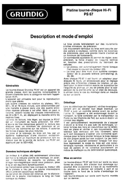 GRUNDIG PS67 PLATINE TOURNE DISQUE HIFI MODE D'EMPLOI 9 PAGES FRANC