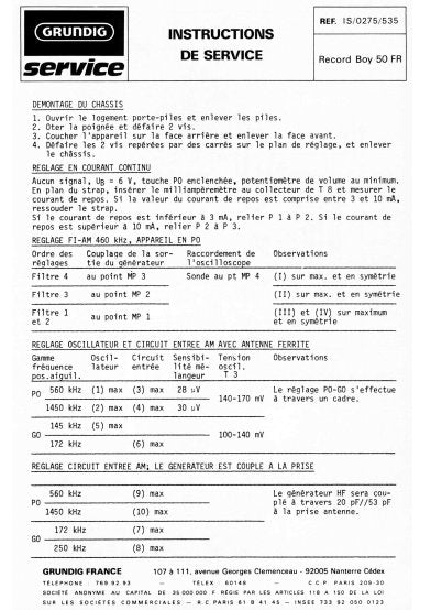 GRUNDIG RECORD BOY 50 RADIO INSTRUCTIONS DE SERVICE INC PCB AND SCHEM DIAG 4 PAGES FRANC