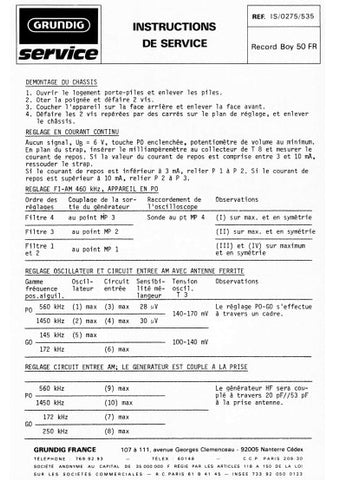 GRUNDIG RECORD BOY 50 RADIO INSTRUCTIONS DE SERVICE INC PCB AND SCHEM DIAG 4 PAGES FRANC