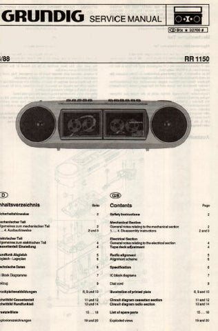 GRUNDIG RR1150 FM STEREO RADIO CASSETTE TAPE RECORDER SERVICE MANUAL INC PCBS SCHEM DIAGS AND PARTS LIST 11 PAGES ENG DEUT